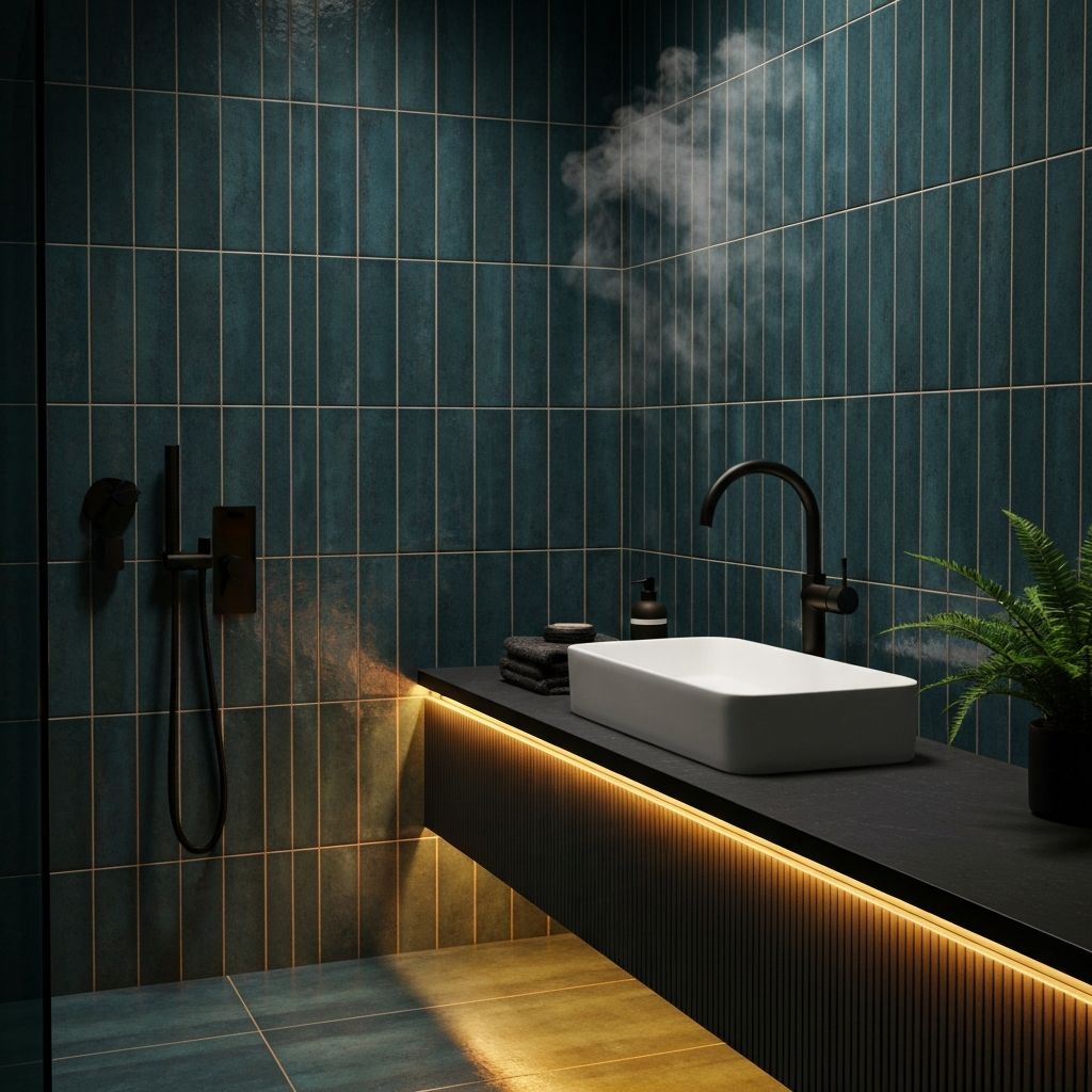 Dark teal spa bathroom
